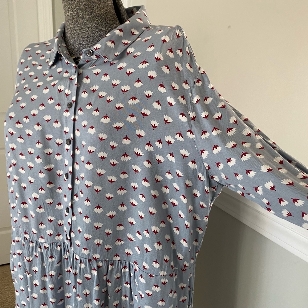 Boden 14R Mini Dress Tunic Blue-Gray Red VISCOSE Long Sleeve Button Up Shirt